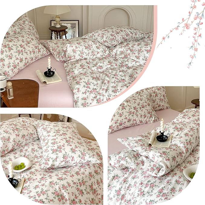 VM VOUGEMARKET Pink Floral Duvet Cover Queen 3 Pieces Cotton Girls Cottagecore Bedding Set,Peach Flower Comforter Cover with Zipper Closure,Vintage Country Bedding 90x90
