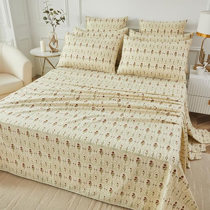 FADFAY Cal King Size 100% Cotton Beige Bed Sheets Set Elegant Red Rose Floral Pattern, Soft and Luxurious Shabby Vintage French Country Bedding, 4 Pieces Deep Pocket Fitted Sheet