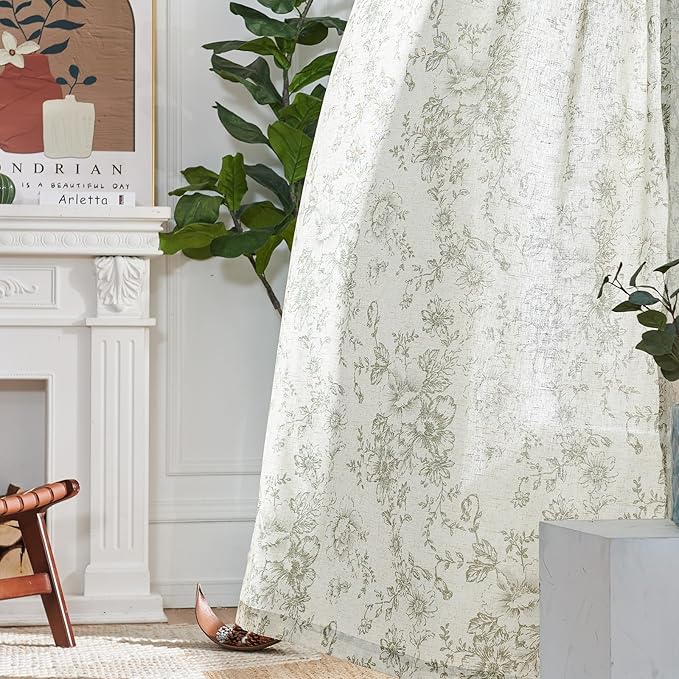 jinachan Linen Floral Curtains Extra Wide for Patio Sliding Glass Door Room Divider Curtain for Living Room Christmas Drapes 108 Inch Length Farmhouse Peony Green Printed Curtain Set 1 Panel