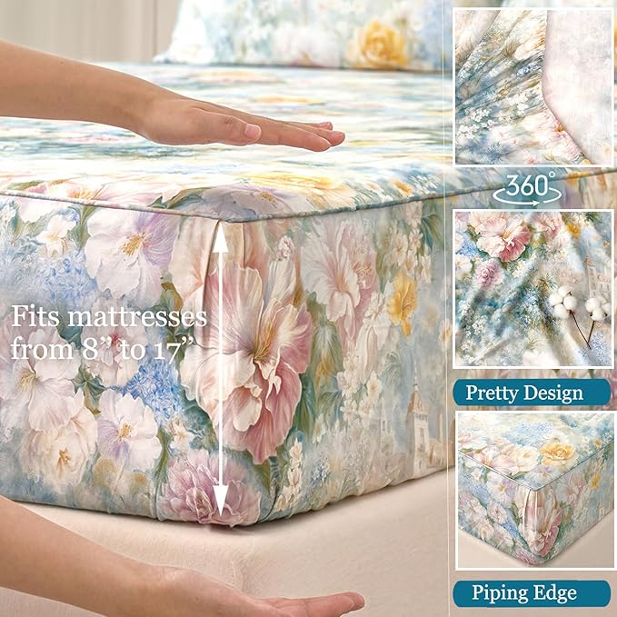 Zusbest California King Sheets Luxury Floral Bed Sheet Set 100% Cotton, Satin Weave Soft Breathable for Hot Sleepers Romantic Peony Flowery Printed Cottagecore Bedding Deep Pocket 17.5‘’, 4Pcs