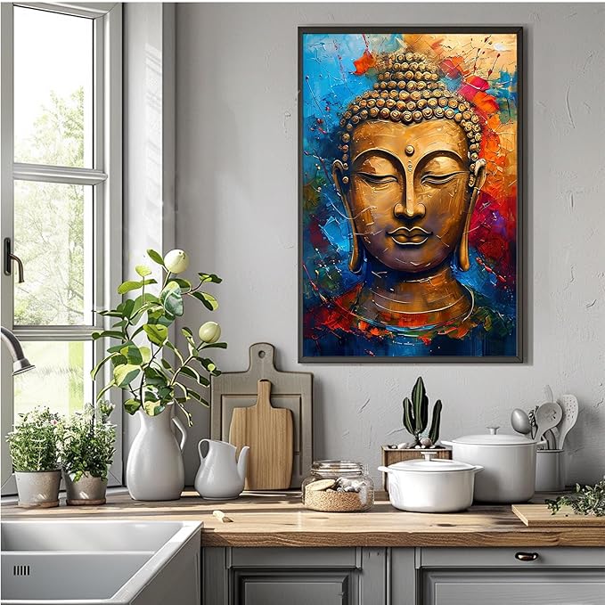 Golden Serenity Buddha Vintage Painting Wall Art Spirituality and Modern Art Wall Decor Adds Brilliance to Vibrant Home Decor 8x12in Metal blackFramed