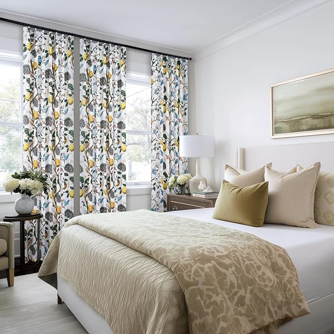 Boho Floral Curtains for Bedroom 63 inch Long 2 Panels Mid Century Botanical Aesthetic Pinch Pleated Drapes,Flower Lemon Bird Printed Thermal Insulated Room Darkening Window Drapes