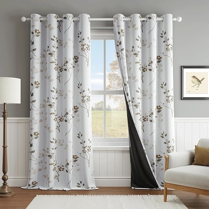 Beauoop Floral 100% Blackout Curtains 90 Inches Long 2 Panels for Bedroom Living Room Tan Brown and White Flower Patterned Room Darkening Thermal Soundproof Grommet Window Treatments Drapes, 52X90