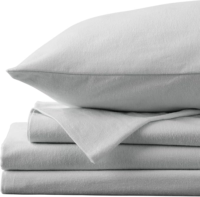 Market & Place 100% Cotton Twin Flannel Sheet Set | 3 Piece Deep Pocket Solid Cozy Winter Bed Sheets | Double Brushed for Extra Softness & Comfort | Chalet Collection (Twin, Light Grey)