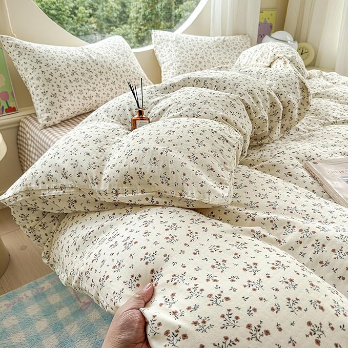 EAVD Garden Style Small Floral Duvet Cover King Size Soft 100% Cotton Muslin Bedding Set with Floral Print Fresh Cottagecore Botanical Pattern Duvet Cover with Zipper Closure