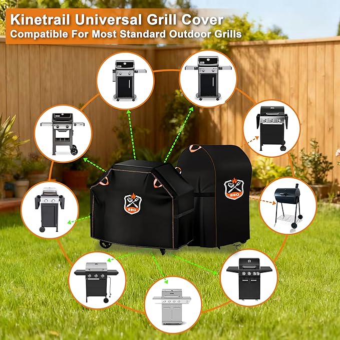 Kinetrail Grill Cover, Universal 48" BBQ Grill Cover for Outdoor Grill, Waterproof, Weather Resistant, Fade Resistant Gas Grill Cover with Adjustable Double Straps for Weber, Char-broil, Nexgrill, etc