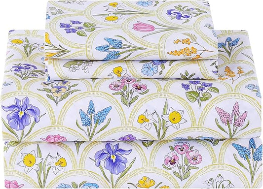Softan Floral Twin Sheet Set, 3-Piece Microfiber Printed Fitted Sheet with 15" Deep Pockets & Non-Slip Straps, Multi Flower Patterned Single Bedding Sheets & Pillowcase Set