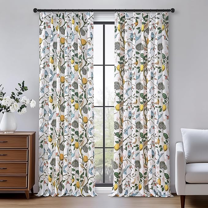 Boho Floral Curtains for Bedroom 63 inch Long 2 Panels Mid Century Botanical Aesthetic Pinch Pleated Drapes,Flower Lemon Bird Printed Thermal Insulated Room Darkening Window Drapes