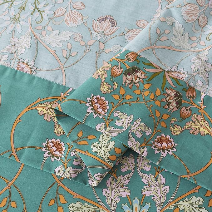 Zusbest California King Sheet Set Shabby Floral Vintage Bed Sheets Percale Cotton Chic Teal Blue Orange American Country Bedding Luxury Boho Soft Bed Deep Pocket Fitted Sheet 4Piece, Cal King