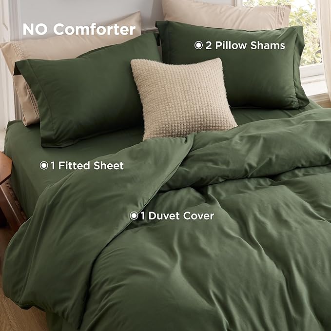 Bedsure Duvet Cover with Fitted Sheet Queen - Warm Deep Pocket, Hotel Luxury Soft Double Brushed Bedding Set with Zipper Closure, 1 Duvet Cover, 1 Fitted Sheet, 2 Pillow Shams, NO Comforter, Green
