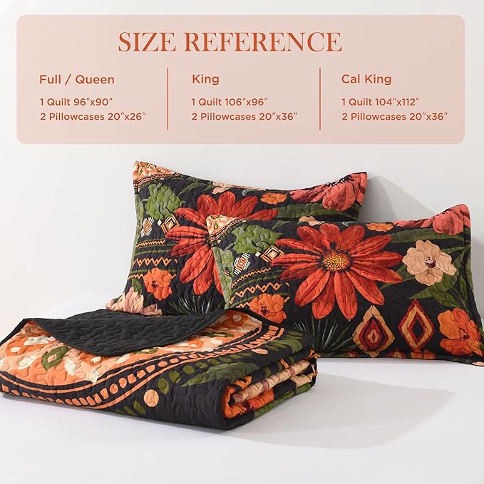 Andency Floral Boho Quilt King Size Bedding Set Black, 3 Pieces Farmhouse Flower Botanical Summer Bedspreads with 2 Shams, Soft Reversible Lightweight Microfiber Coverlet Set for All Season, 106"x96"