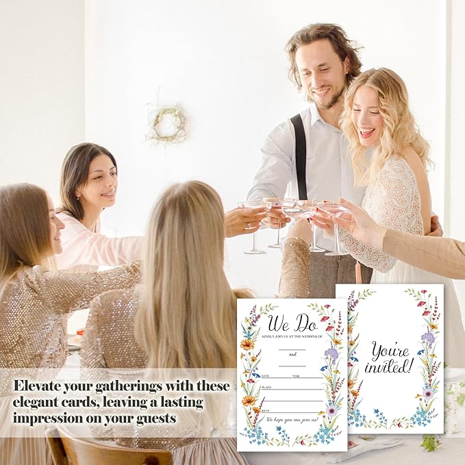 Wildflower Wedding Invitations, 5"x 7" Spring Wreath Wedding Invites Card With Envelopes, 25 PCS for Party Decorations and Supplies - A04