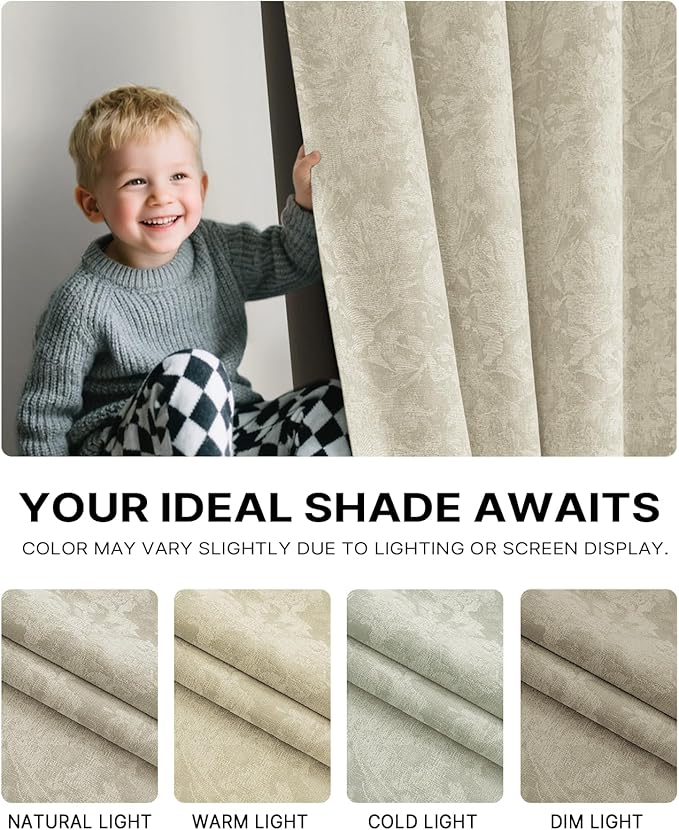 Chenille Floral Blackout Curtains 108 Inch Length 2 Panels Set - Bedroom Living Room Darkening Thermal Insulated Black Out Window Treatments Grommet Jacquard Drapes 52 Inch Wide Beige