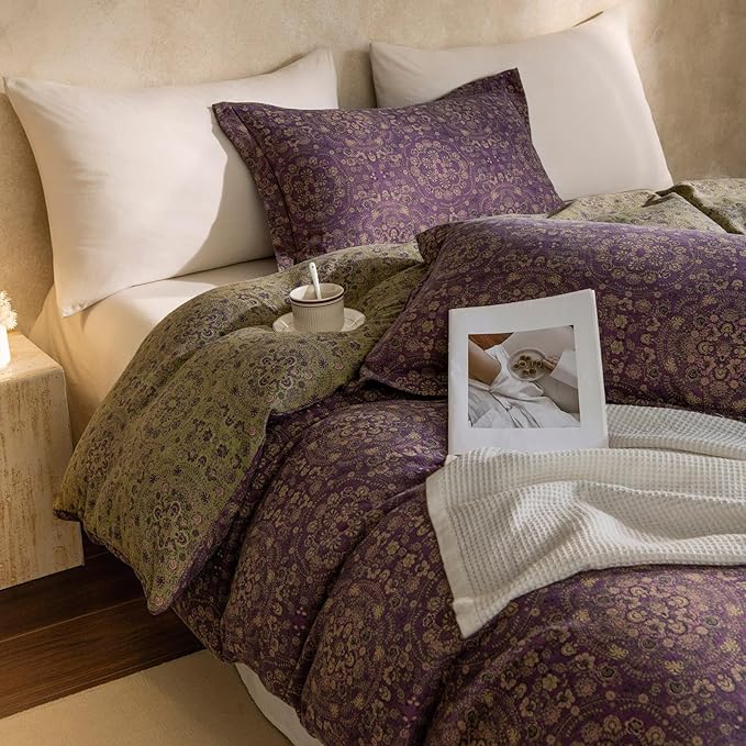 EAVD Soft 100% Cotton Muslin Yarn-Dyed Jacquard Textured Duvet Cover Queen Chic Shabby Purple Floral Duvet Cover with Zipper Closure Linen Like Gauze Floral Bedding Set with 2 Pillowcases