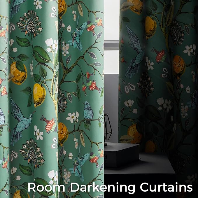 Vintage Boho Floral Pinch Pleated Curtains 84 Inches Long for Living Room,Sage Green Lemon Hummingbird Patterned French Country Drapes for Bedroom,Botanical Woodland Jungle Blackout Drapes,2 Panels