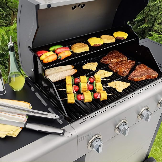 Kenmore 4-Burner Gas Grill with Side Burner, Outdoor BBQ Grill, Propane Gas Grill, Cast Iron Cooking Grates, Electronic Ignition, Warming Rack, Open Cart Design, 53000 BTUs, Stainless Steel