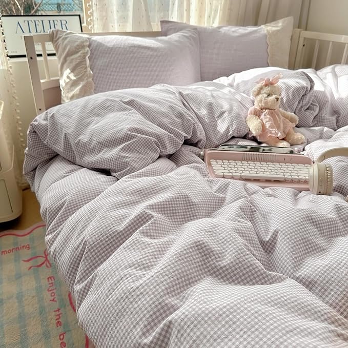 LifeTB Purple Gingham Duvet Cover Full Size Cozy Washed Microfiber Purple Checkered Plaid Duvet Cover with 2 Pillowcases Romantic White Lace Comforter Cover 3 Pieces Gingham Grid Bedding Set