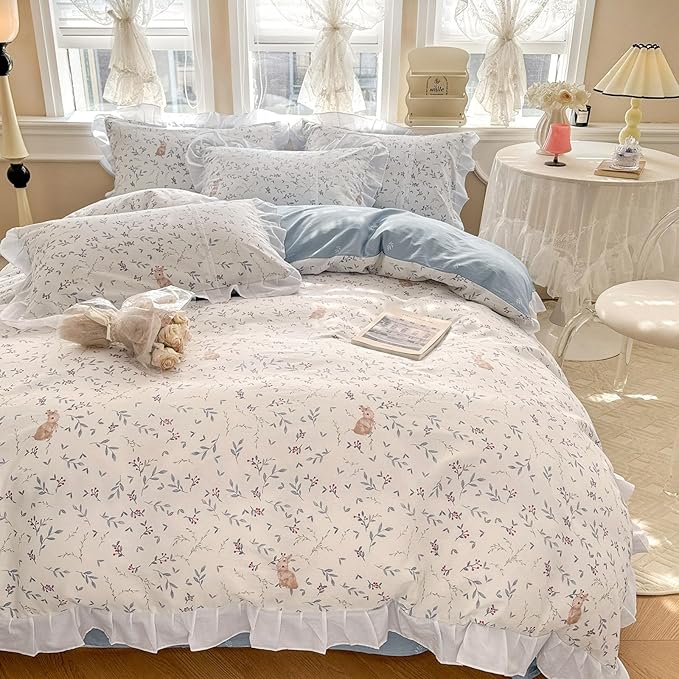 VM VOUGEMARKET Girl's Romantic Ruffle Comforter Set Twin Cute Rabbit Comforter with 2 Pillow Shams Toddler Girls White Lace Bedding Set(3pcs,Twin XL)