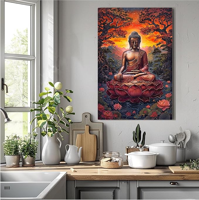 Golden Buddha on lotus seat serene meditation statue amidst lush trees flowing water and sunrise light spiritual home art for a tranquil decor 24x36in Frameless