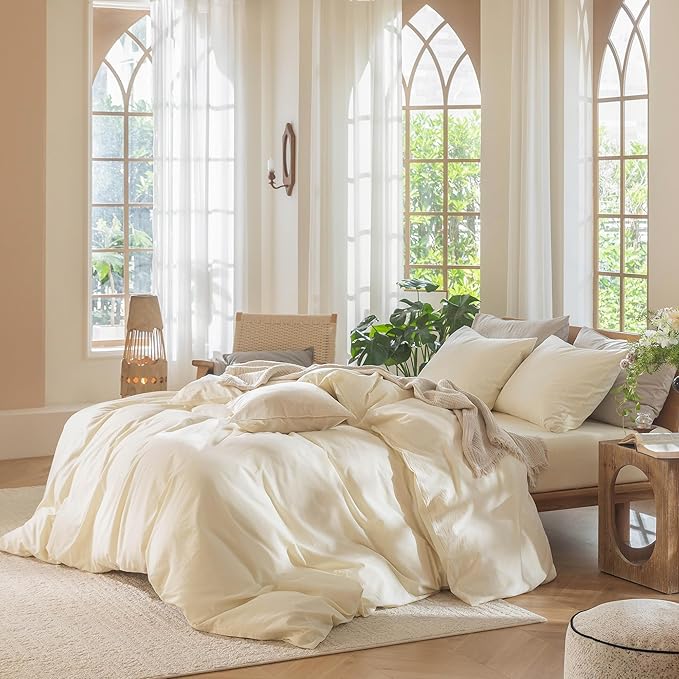 MooMee Bedding Duvet Cover Set 100% Washed Cotton Linen Like Textured Breathable Durable Soft Comfy (Solid Cream White, Full 80"x90")