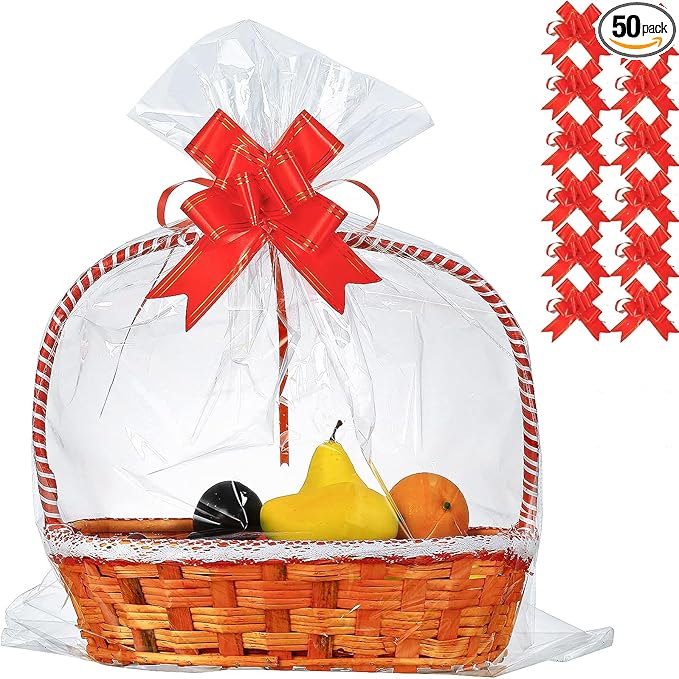 50 Packs 32 x 40 Inches Extra-large Cellophane Bags for Basket Jumbo Clear Cellophane Wraps Clear Huge Cello Bags for Baskets, Gifts, Christmas Trees, Treats, Arts and Crafts, 50ct Ribbon Bows