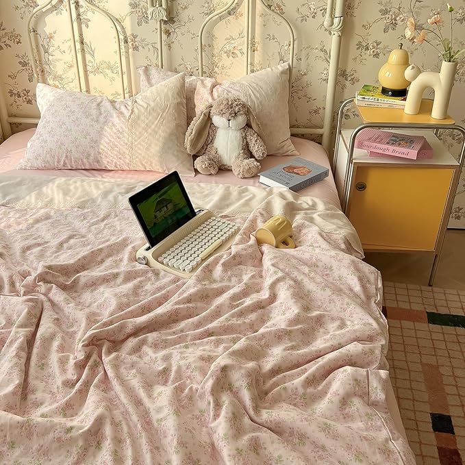 LifeTB Pink Floral Duvet Cover Twin XL Romantic Lace Bedding Set Garden Style Cottagecore Flower Duvet Cover with Zipper Closure Soft Washed Microfiber Botanical Comforter Cover for Teen Girls