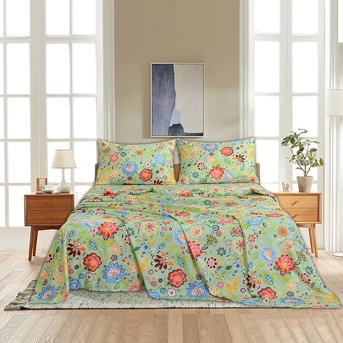 Bedlifes California King Sheet Set Ultra Soft, Breathable, Silky Flower Deep Pocket 100% Microfiber Bedding, 4 Piece Cal King Size with Floral Sage Green