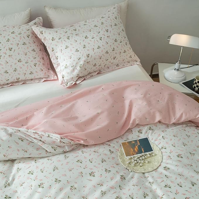 EAVD Girls Floral Duvet Cover Twin Pink White Soft Cotton Garden Aesthetic Floral Bedding Set with 2 Pillowcases Chic Shabby Vintage Botanical Comforter Cover with Zipper Closure