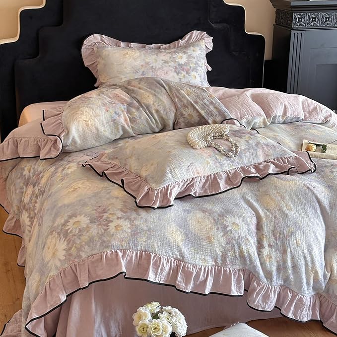 HighBuy Linen Duvet Cover Queen Vintage Purple Floral Ruffle Coquette Bedding Set French Yarn-Dyed Textured Soft Breathable Farmhouse Bedding with Zipper Closure & 4 Corner Ties - Linen,Queen