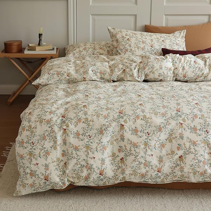 EAVD Vintage Style Floral Duvet Cover Twin Soft Cotton Chic Shabby Garden Floral Bedding Set with 2 Pillowcases Fresh Reversible Botanical Comforter Cover with Zipper Closure