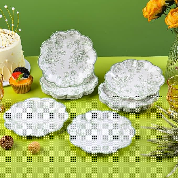 48 Pcs Sage Green Floral Party Plates Vintage Floral Leaf Disposable Paper Plates Wildflower Green Toile 7" Scalloped Rim Dessert Plates for Christmas Birthday Bridal Tea Party Supplies