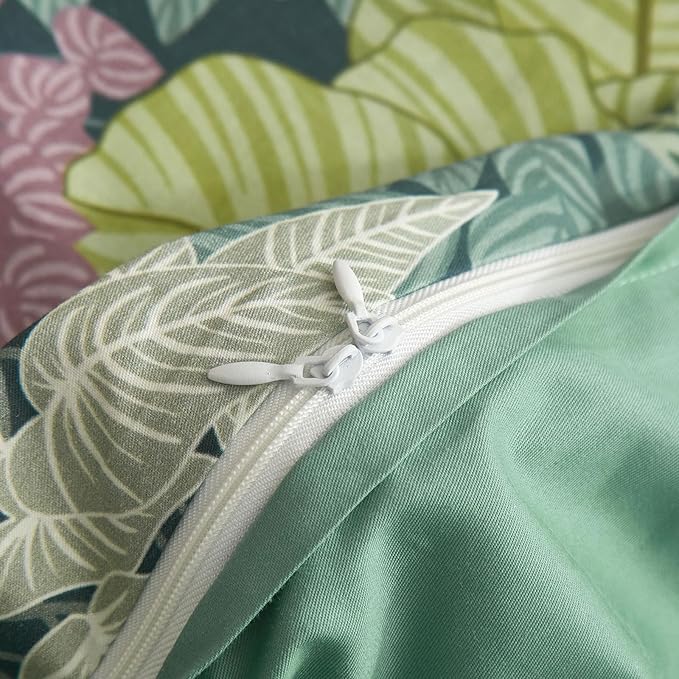 EAVD Tropical Leaves Duvet Cover Queen Soft Cotton Chic Plant Green Leaf Pattern Bedding Set with 2 Pillowcases Fresh Botanical Leaves Comforter Cover with Zipper Closure