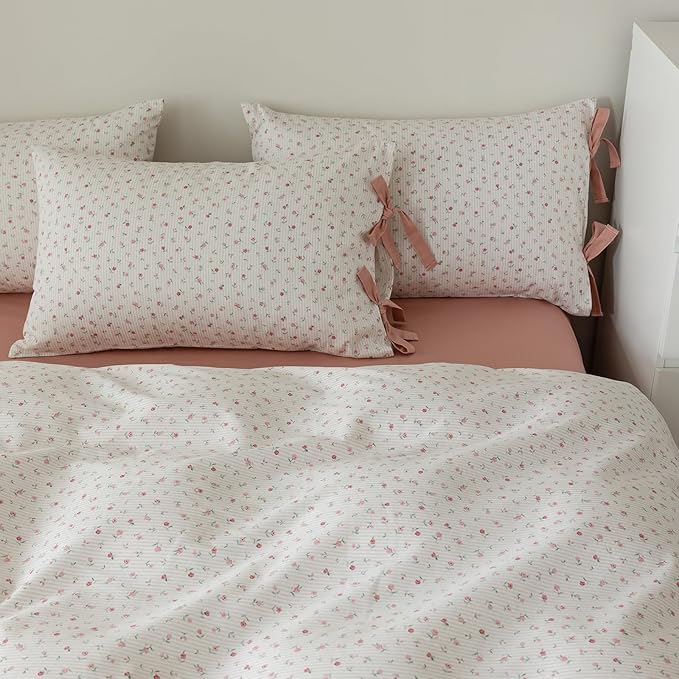 VM VOUGEMARKET Pink Flower Stripes Duvet Cover Set Twin 100% Cotton Blossom Duvet Cover with Zipper Closure,Cottagecore Bedding Set for Girls Women-68 x86,Off-White