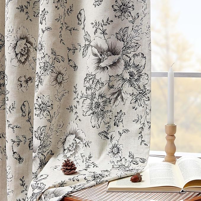 jinchan Blackout Linen Blend Curtain Floral Blackout Curtains for Living Room 96 Inch Length Black Printed with Lined Blackout Curtain for Bedroom Farmhouse Curtains Set 2 Panels