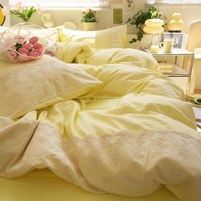 LifeTB Yellow Gingham Duvet Cover Twin 3 Pieces Romantic Lace Comforter Cover Soft Microfiber Cream Yellow Grid Duvet Cover Farmhouse Plaid Checkered Comforter Cover Grid Gingham Bedding Set