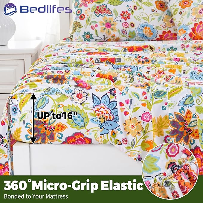 Bedlifes King Floral 4-Piece Sheet Set - Cooling Sheets Blend Rayon Derived from Bamboo,Soft & Breathable, Deep Pocket 16", Wrinkle Resistant - Vibrant Boho Floral Spring Design