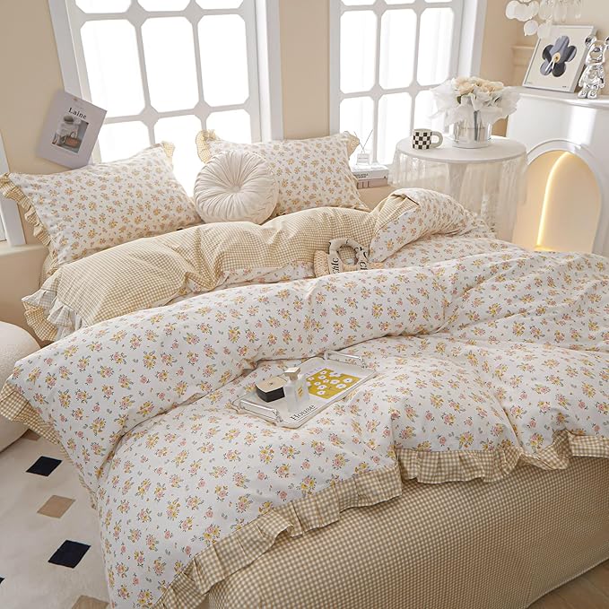 Floral Ruffle Duvet Cover King Chic Floral Lace Duvet Cover 100% Cotton Flower Bedding Set Romantic Ruffle Comforter Cover Vintage Garden Style Botanical Duvet Cover Girls Princess Bedding Set King