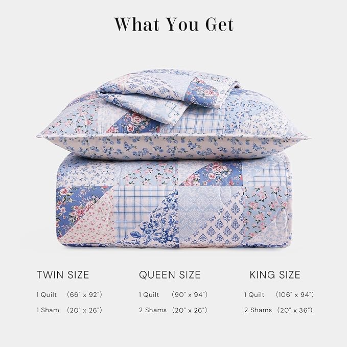 Quilt Set Twin Size, Patchwork Blue Pink Marigold Floral Quilt Sets, Reversible Bedspread Lightweight and Breathable for All Seasons, Soft Quilted Bedspread with 1 Pillow Sham
