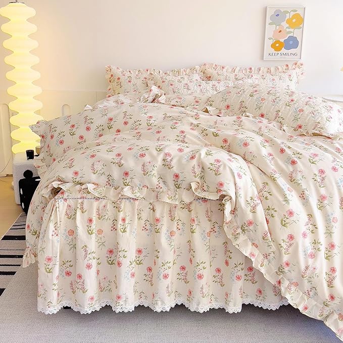 EAVD French Garden Style Ruffle Pink Flower Duvet Cover King Soft Cotton Shabby Chic Pink Flower Bedding Set with 2 Pillowcases Romantic Botanical Print Duvet Cover with Zipper Closure