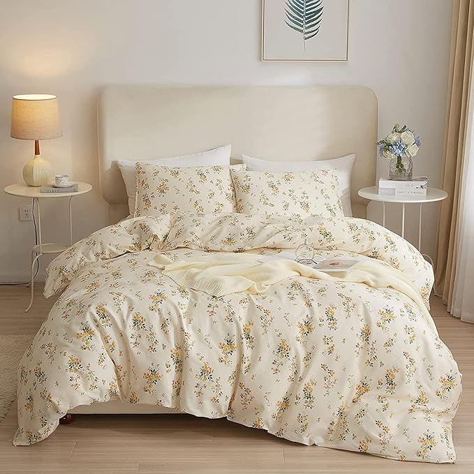 HighBuy French Botanical Comforter Set Full Yellow Floral Printed Bedding Comforter Set with 2 Pillowcases for Full Bed Set 3 Piece Fluffy Comfy Comforter Sets Cute Floral Luxury Soft