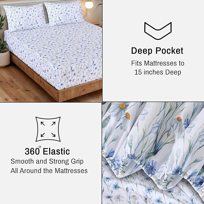 RUVANTI 100% Organic Cotton Sheets Twin XL, Percale Weave, GOTS Certified, 3-Piece Set, Deep Pocket 15", Crisp & Breathable, Soft Durable Bedding, Sábanas Algodón Orgánico – Daisy Bud