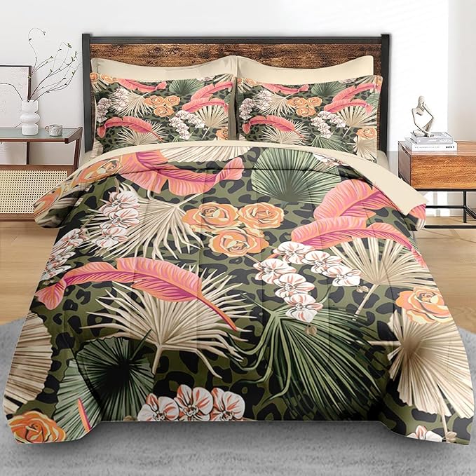 Comforter Set Queen Size, Summer Tropical Flowers 7 Pcs Bedding for Kids and Adults, Hawaiian Palm Leaf Leaves Bed Sheet Sets with Fitted Sheet 2 Pillowcase & 2 Sham for Bedroom Bed Decor