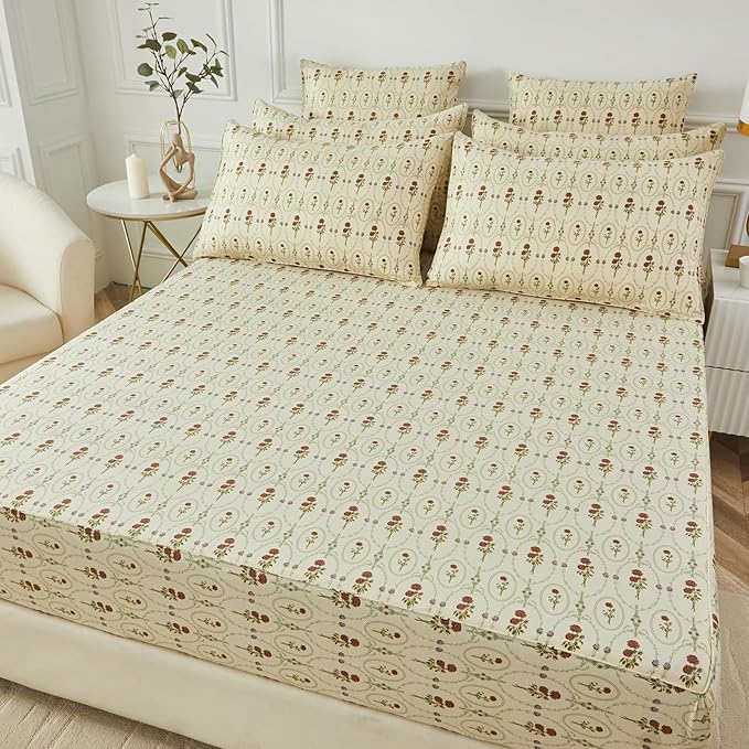 FADFAY Cal King Size 100% Cotton Beige Bed Sheets Set Elegant Red Rose Floral Pattern, Soft and Luxurious Shabby Vintage French Country Bedding, 4 Pieces Deep Pocket Fitted Sheet