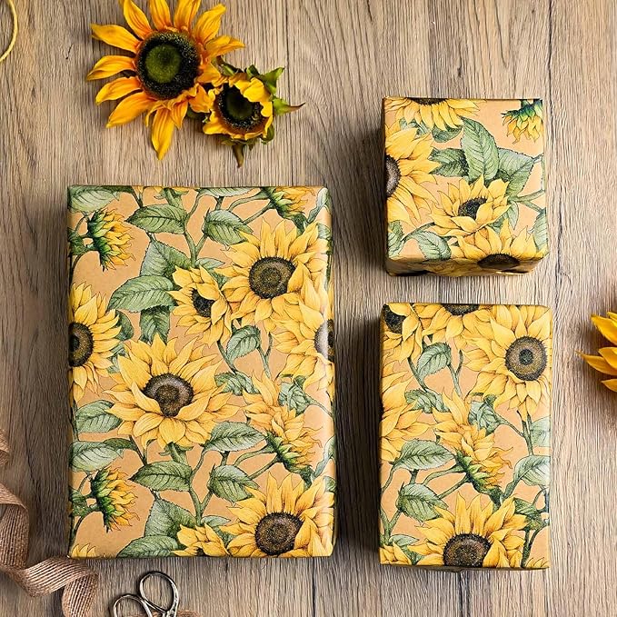 MAYPLUSS Kraft Sunflowers Gift Wrapping Paper - Vintage Elegant Sunflowers Floral Gift Wrap Paper for Women Birthday, Christmas, Baby Shower, Mothers Day, Thanksgiving, Holiday - 17 Inches X 16.5 Feet