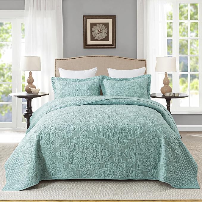 Travan 3-Piece King Quilt Set Quilted Bedspread Oversized Microfiber Lightweight Bedspread Coverlet Set with Shams Bedding Set for All Season, Blue, King