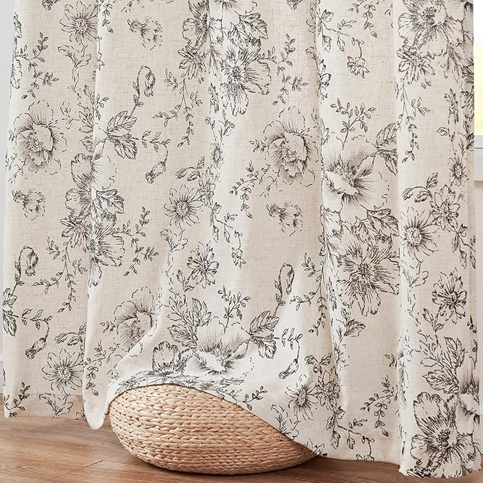 jinchan Linen Floral Curtains 100 Inch Extra Wide for Patio Sliding Glass Door Room Divider Curtain for Living Room 96 Inch Length Farmhouse Peony Black Printed Curtain Set 1 Panel