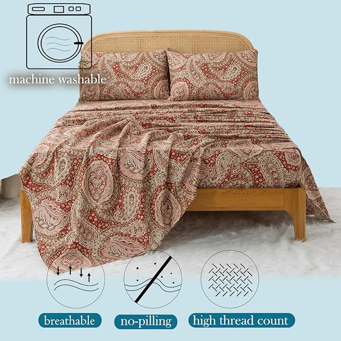 Zusbest California King Paisley Sheets 100% Cotton Burgundy Red Patterned Bed Sheet Set Luxury Soft Breathable Crispy Cooling Percale Printed Sheets 17.5 Inches Deep Pocket Boho Sheets, 4 Pieces