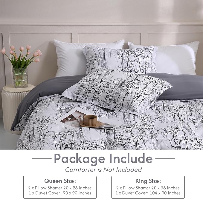 LONAVA Queen Botaincal 3 Pcs Duvet Cover Set, Breathable Soft Microfiber Deep Grey Lining Comforter Cover with Zipper Closure, and 2 Anti-Pilling, Fade Resistant Pillowcases, Winter Forest