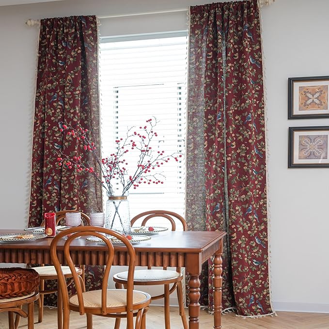 ENJOYBRIDAL Floral 63 Inch Curtains for Living Room Maroon Drapes Bird Pattern Jacquard Short Window Curtain Panels Rod Pocket Bedroom Farmhouse Boho Tassel Semi Blackout 2 Panels Window Treatments