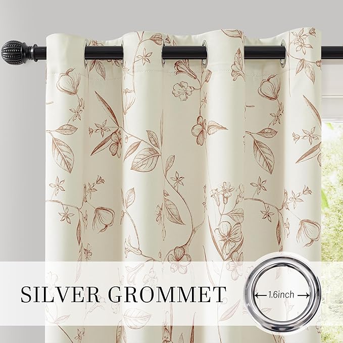 ChrisDowa Beige 100% Blackout Floral Curtains 72 Inches Long 2 Panels for Bedroom Living Room Brown Flower Patterned Room Darkening Thermal Insulated Soundproof Grommet Window Treatments Drapes,52X72